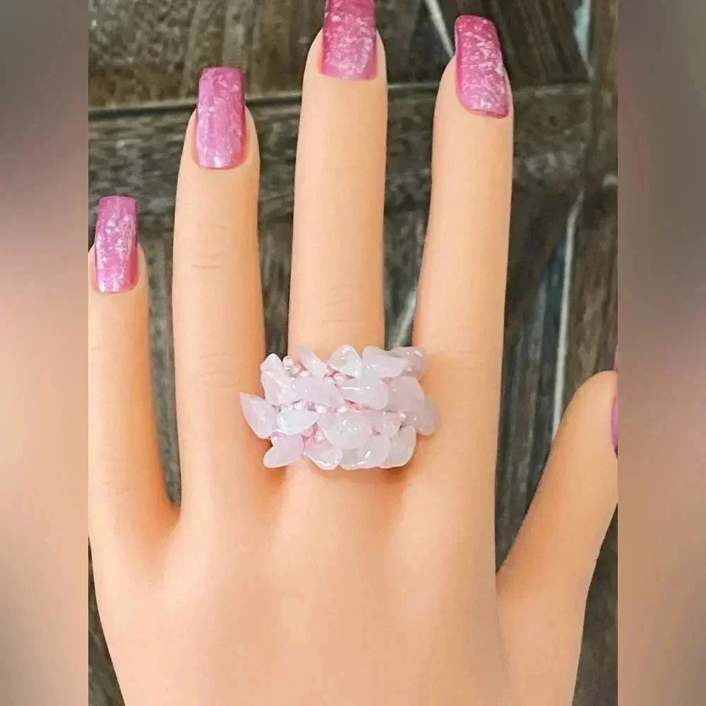 Rose Quartz Pink Handmade Seed Bead and Stone Chips Stretch Ring